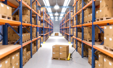 Image of the inside of a warehouse with boxes on shelves